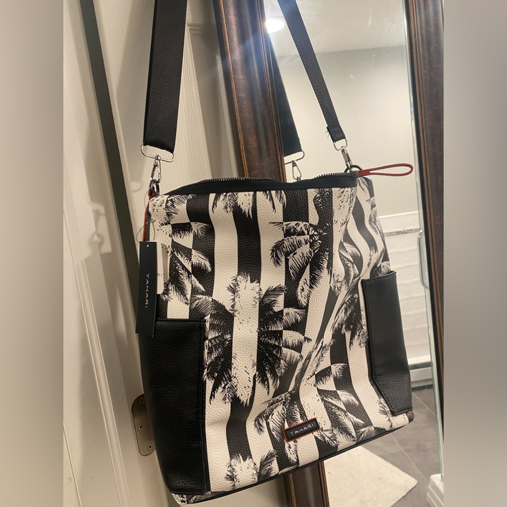 Black white striped faux leather bag - palm print - hobo - city style